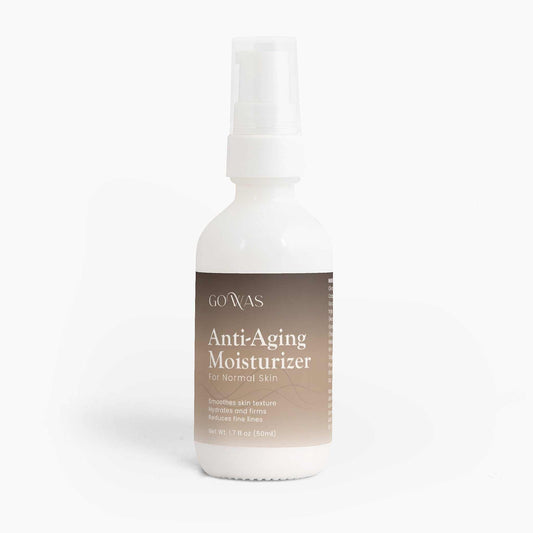 Anti Aging Moisturizer in a white pump bottle with a taupe label and visible Normal Skin wording