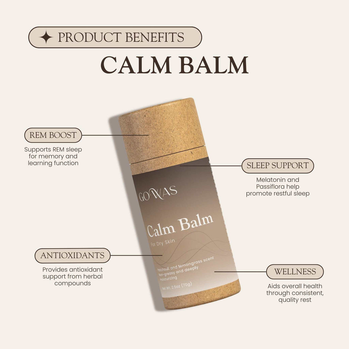 Calm Balm dry skin balm in a brown cylindrical container with a natural cork cap and printed wellness benefits