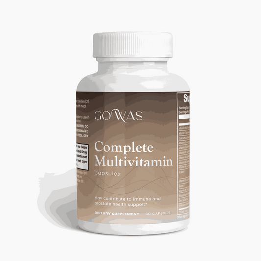 Complete Multivitamin capsules in a white plastic bottle with a beige gradient label and white screw cap