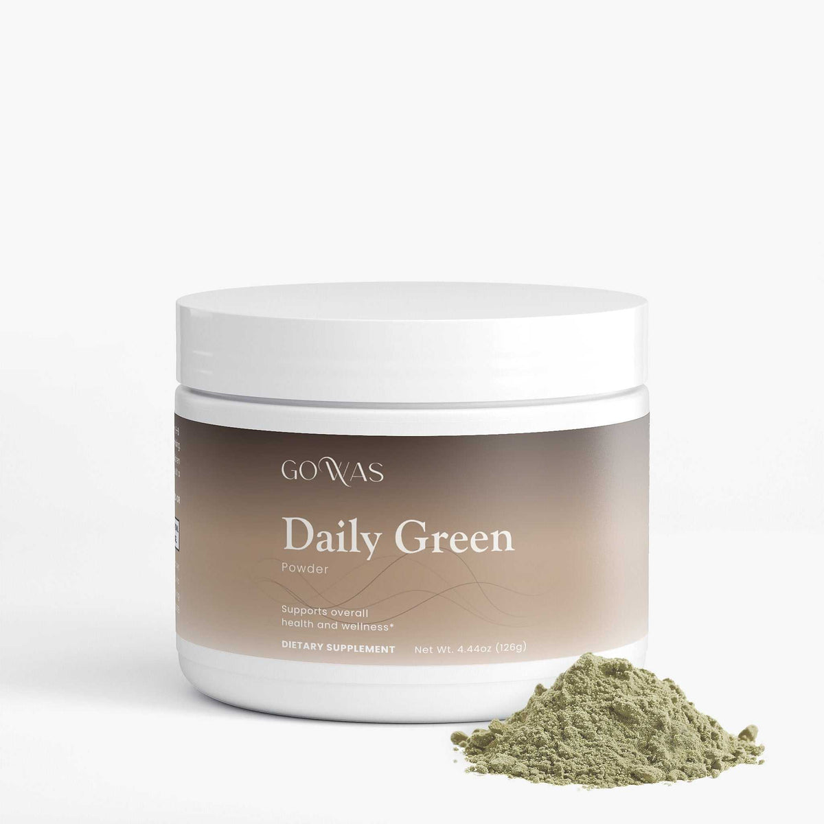 Daily Greens powder supplement in a white tub with a beige label, shown with a mound of green powder