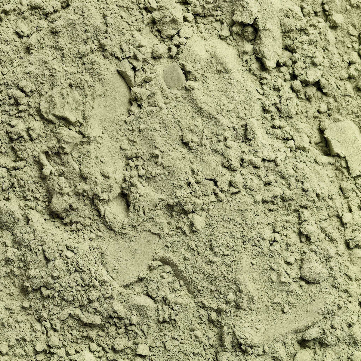 Daily Greens powder supplement in a muted pale green colour, shown as a fine, uneven powder with small clumps.