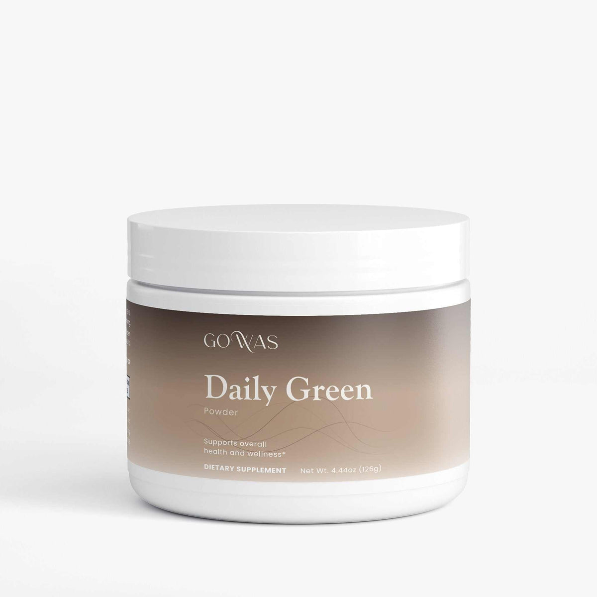 Daily Greens powder supplement in a white plastic jar with a beige label and white screw-top lid