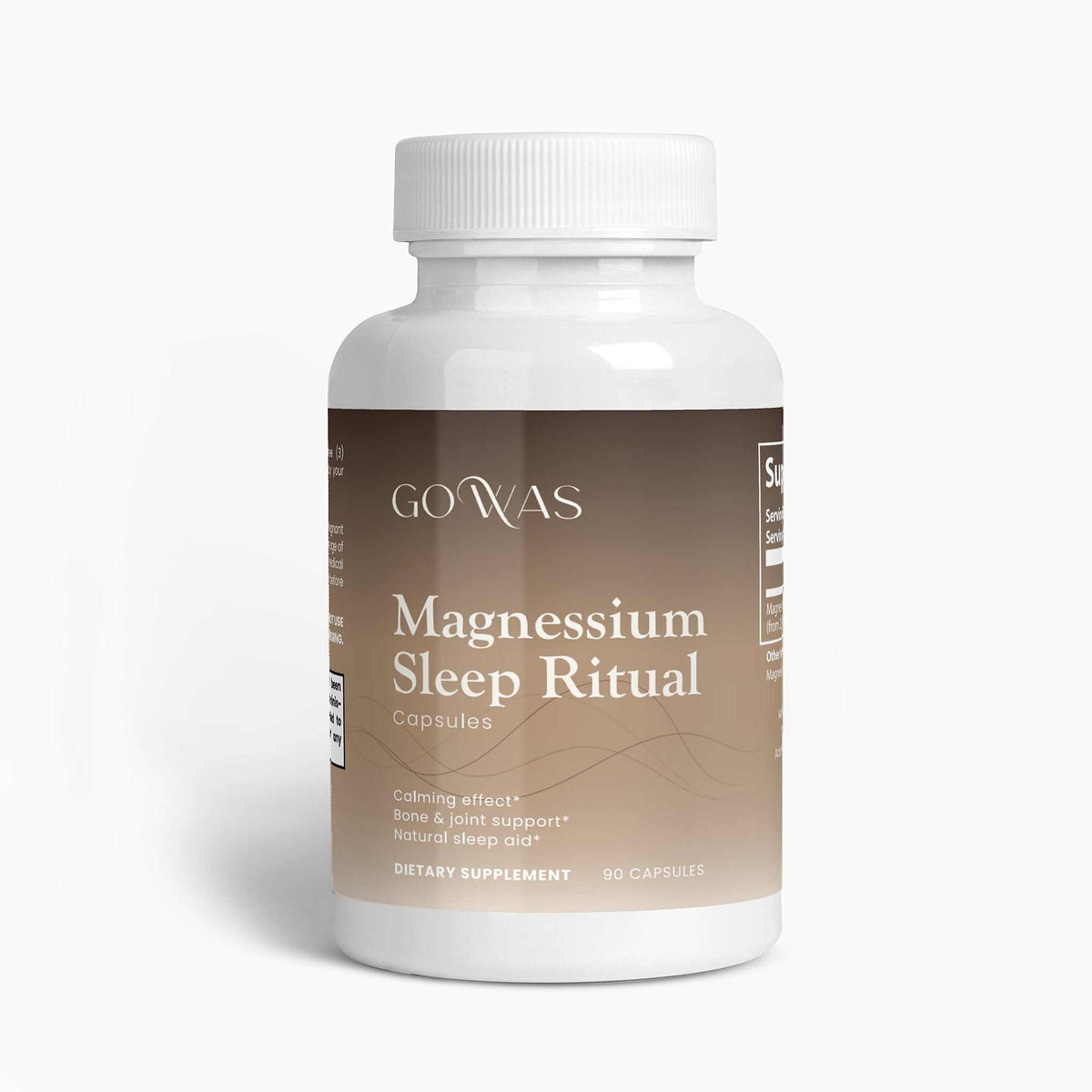 Magnesium Sleep Ritual capsules in a white supplement bottle with a brown and beige label and white cap