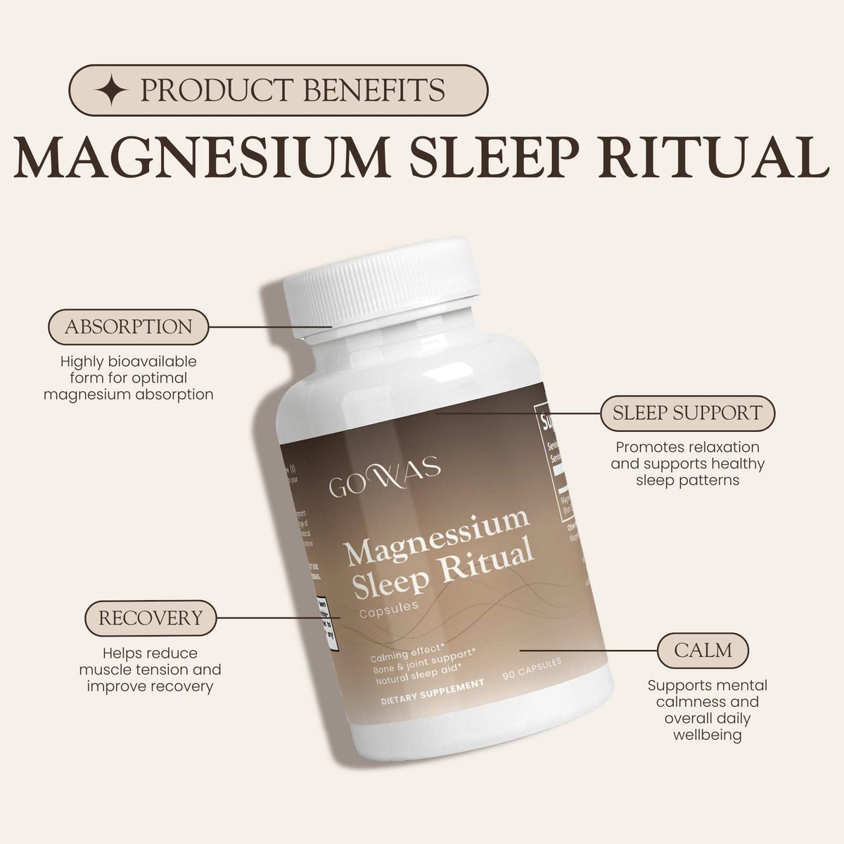 Magnesium Sleep Ritual supplement bottle with a white cap, brown label, and capsules for sleep support and calm