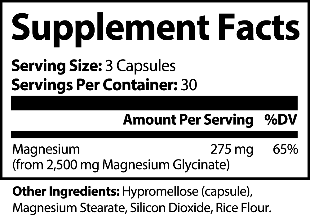 Magnesium Sleep Ritual supplement facts label showing magnesium glycinate, 275 mg per serving, and capsule ingredients