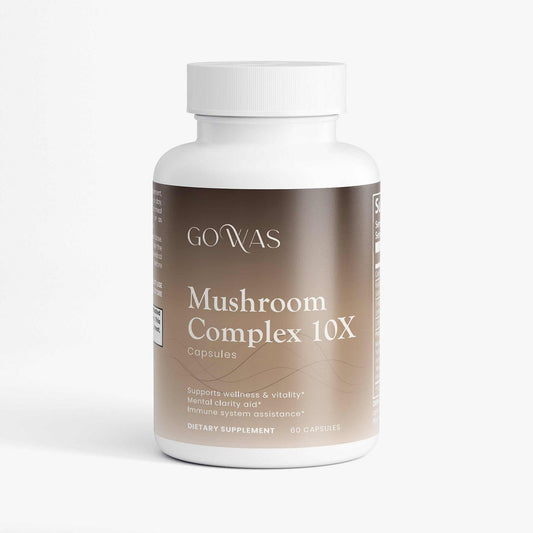 Mushroom Complex 10 X supplement bottle with a white cap and taupe label, marked 60 capsules