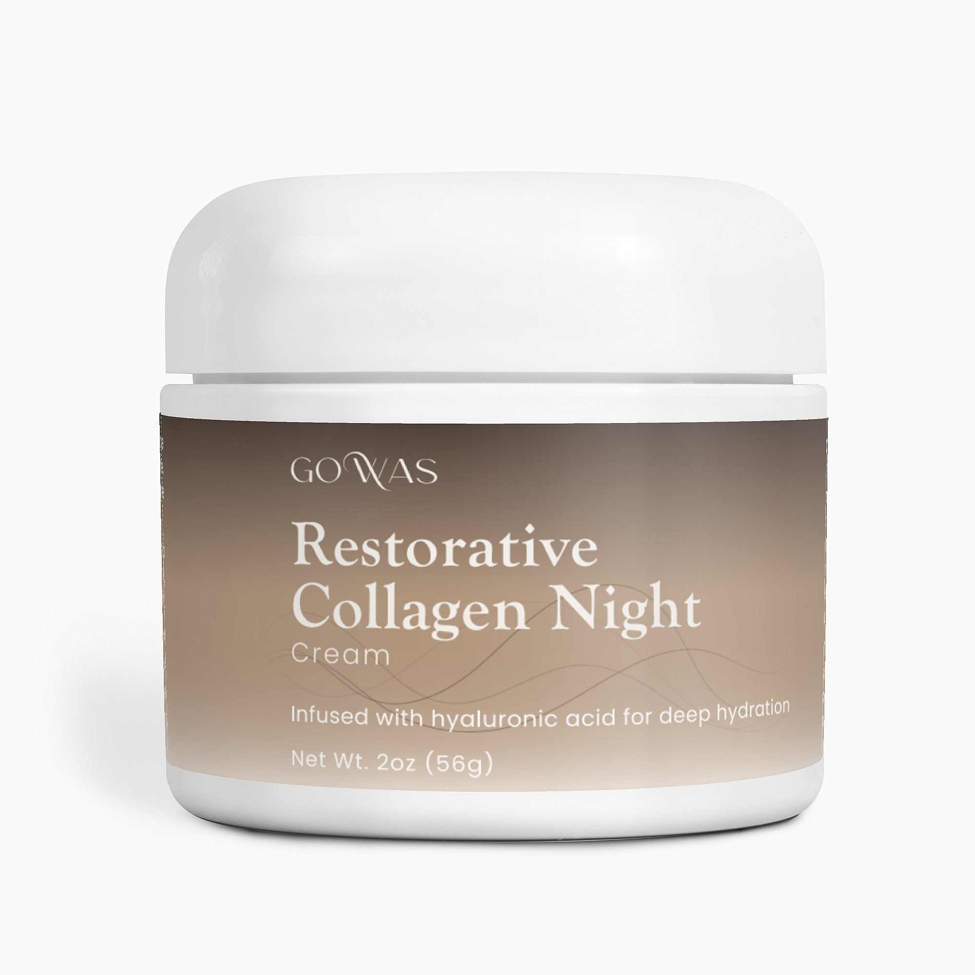 Restorative Collagen Night cream in a white jar with a brown gradient label and white lettering