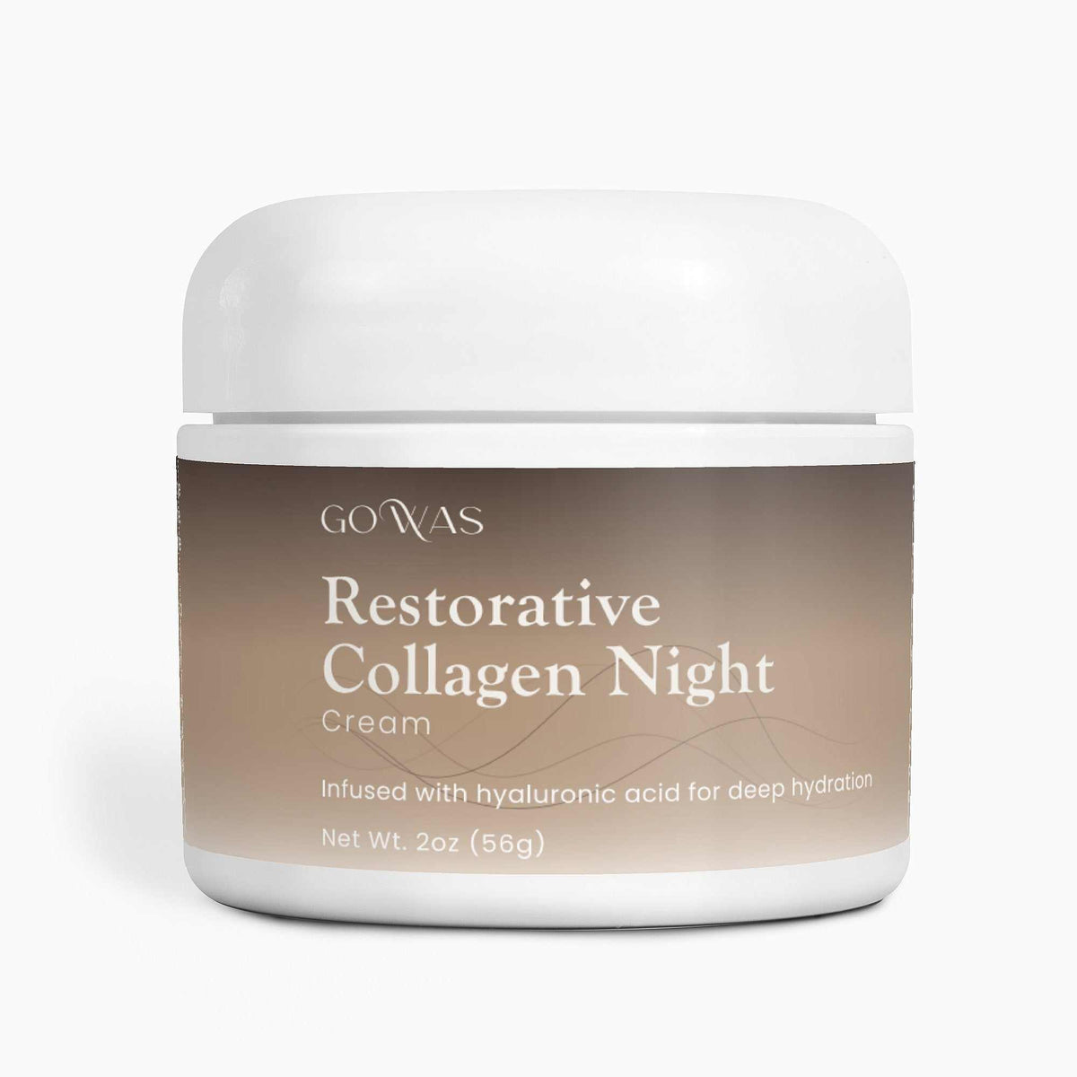Restorative Collagen Night cream in a white jar with a brown gradient label and white lettering