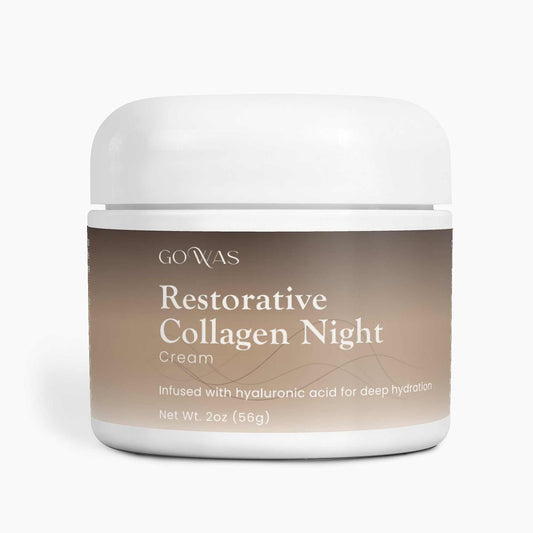 Restorative Collagen Night cream in a white jar with a brown gradient label and white lettering