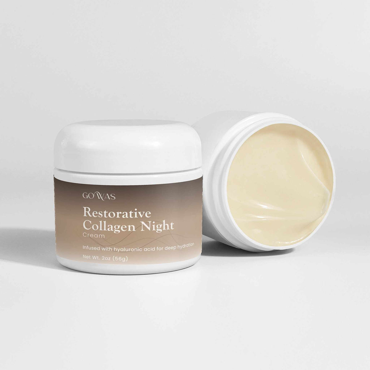 Restorative Collagen Night cream in a white jar with a taupe label, shown beside an open jar of pale cream