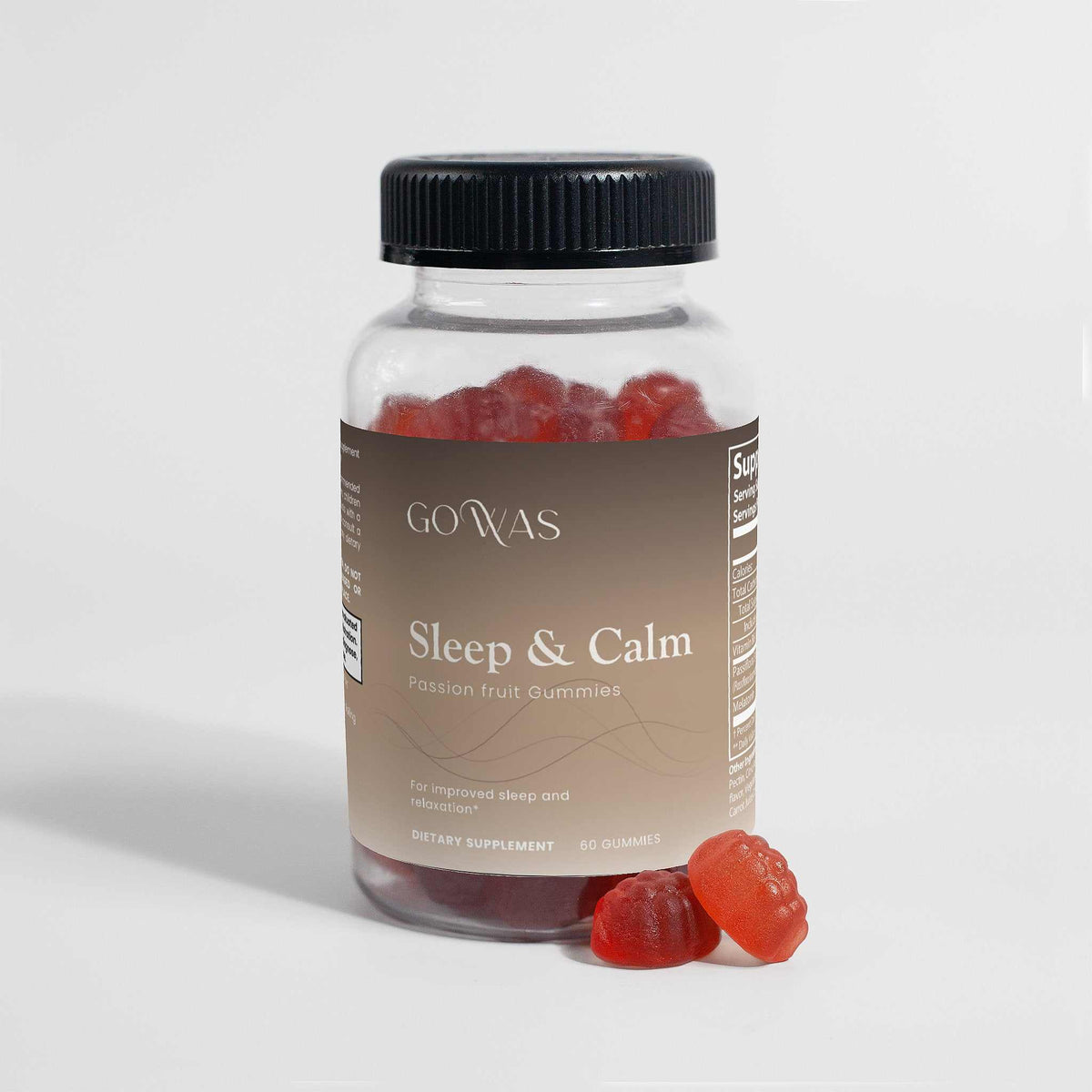 Sleep & Calm passion fruit gummies in a clear supplement bottle with a black cap and red gummy pieces