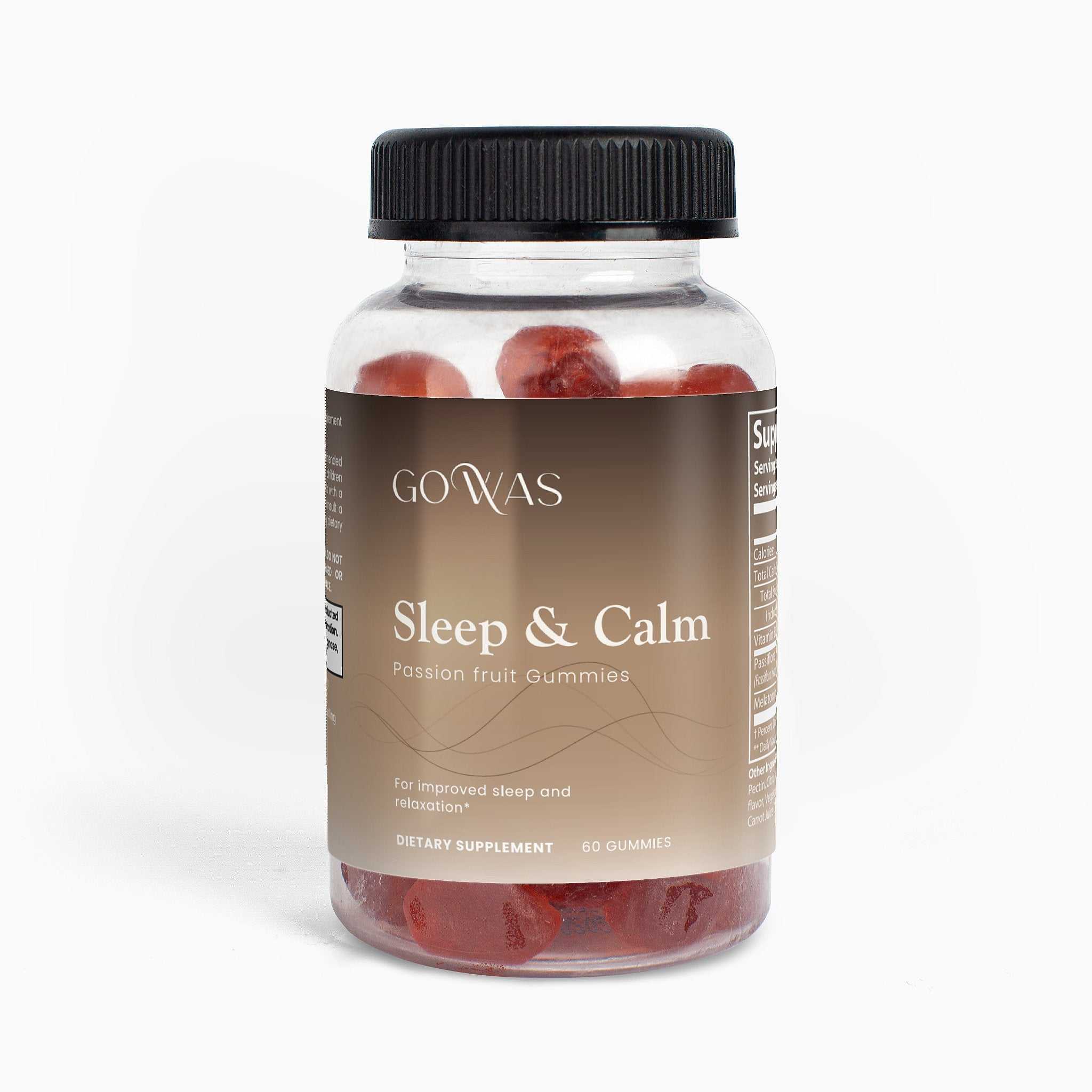 Sleep & Calm supplement gummies in a clear bottle with a beige label, black cap and reddish passion fruit gummies