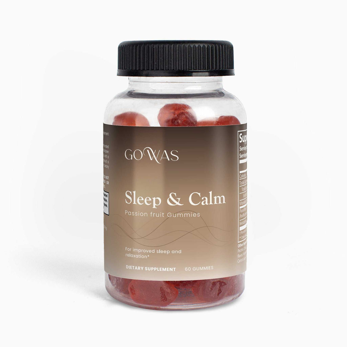 Sleep & Calm supplement gummies in a clear bottle with a beige label, black cap and reddish passion fruit gummies