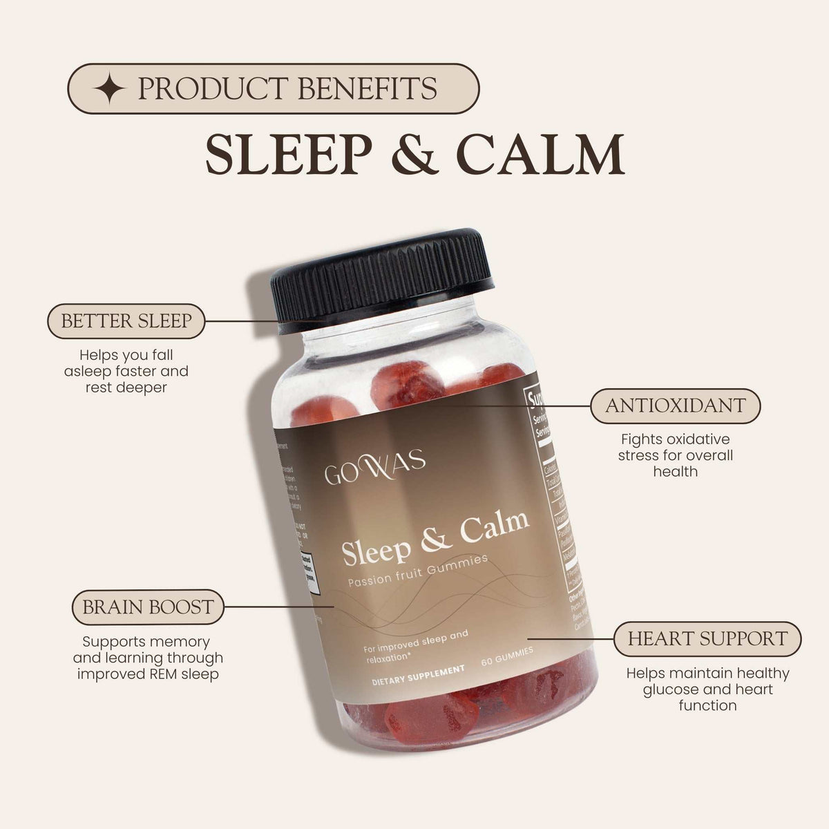 Sleep & Calm sleep supplement gummies in a clear bottle with a black cap, brown label and red gummies