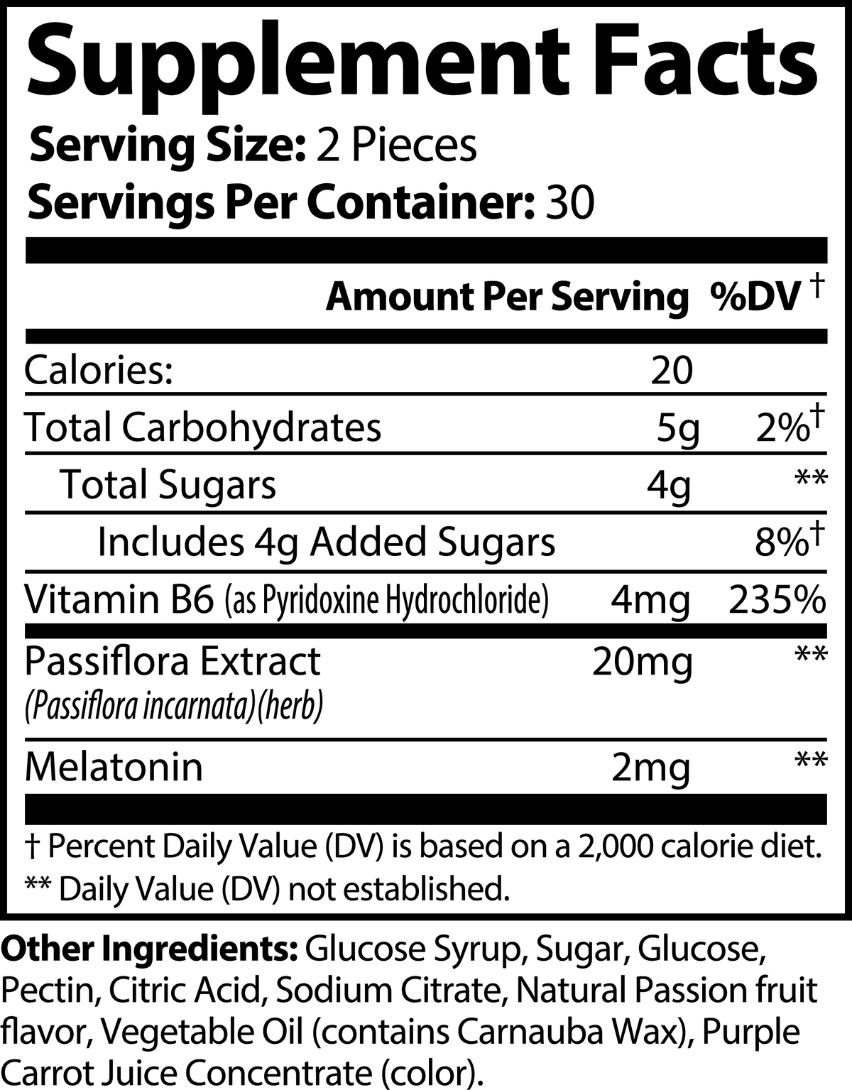 Sleep & Calm supplement facts label listing 20 calories, 5g carbohydrates, vitamin B6, passionflower extract and melatonin